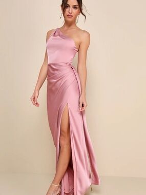 LULUS Signature Elegance Rose Satin One-Shoulder Maxi Dress M